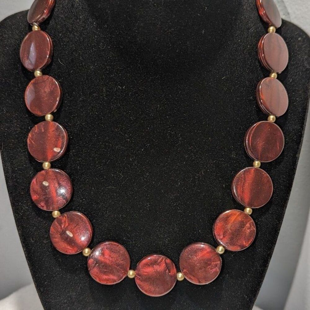 Wine Pearlescent Disc Beads Gold Tone Seed Bead Necklace